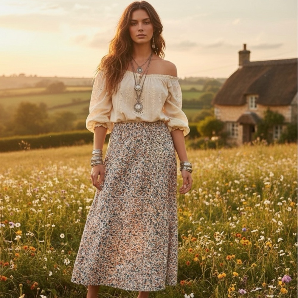 Ditsy Floral Dreams Maxi Skirt Earthy Cottagecore Boho Coastal Grandmother XL